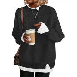 Oversized Women Fake 2‑in‑1 Knit Sweater Contrast Color Patchwork Long Sleeve Crew Neck Pullover Casual Loose Jumper Daily Wear