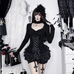 AltGoth Fairycore Grunge Gothic Corset T-shirt Women Aesthetic Vintage Dark Sweet Lace Patchwork High Waist Bandage Tee Tops