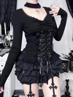 AltGoth Fairycore Grunge Gothic Corset T-shirt Women Aesthetic Vintage Dark Sweet Lace Patchwork High Waist Bandage Tee Tops