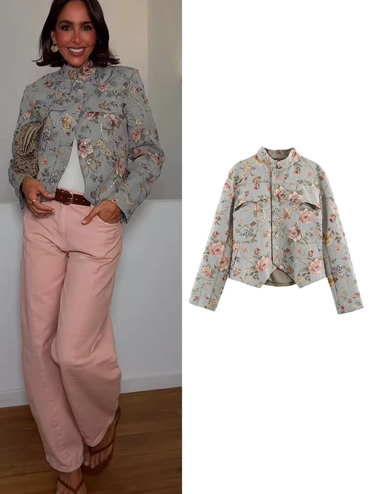 TFMLN New Women Glitter Sequins Blazer Fashion Long Sleeve Vintage Print Stand Collar Neck Street Blazers Casual Slim Autumn