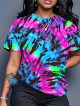 Women's T-Shirt Neon Star Lightning Graphic T-Shirt Y2k Short Sleeve Crew Neck Loose Streetwear Ink Print Casual Woman Clothing