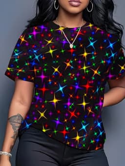 Women's T-Shirt Neon Star Lightning Graphic T-Shirt Y2k Short Sleeve Crew Neck Loose Streetwear Ink Print Casual Woman Clothing