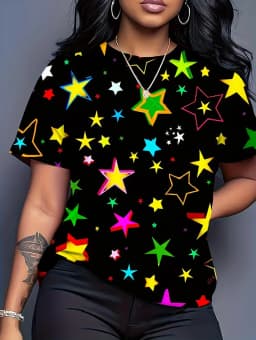 Women's T-Shirt Neon Star Lightning Graphic T-Shirt Y2k Short Sleeve Crew Neck Loose Streetwear Ink Print Casual Woman Clothing