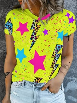 Women's T-Shirt Neon Star Lightning Graphic T-Shirt Y2k Short Sleeve Crew Neck Loose Streetwear Ink Print Casual Woman Clothing