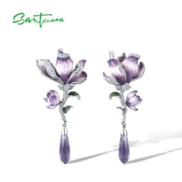SANTUZZA Real 925 Sterling Silver Drop Earrings For Women White Cubic Zirconia Purple Gradient Enamel Flower Chic Fine Jewelry