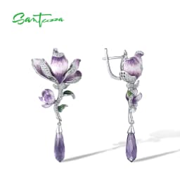 SANTUZZA Real 925 Sterling Silver Drop Earrings For Women White Cubic Zirconia Purple Gradient Enamel Flower Chic Fine Jewelry
