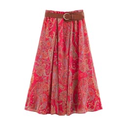 BSAY Boho Paisley Print Midi Skirt Women Elastic High Waist A‑Line Long Skirt With Belt Vintage Bohemian Holiday Casual Skirts