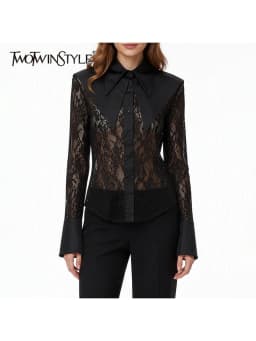 TWOTWINSTYLE Mesh Spliced Lace Slimming Sexy Blouse for Women Lapel Collar Long Sleeve Patchwork Sheer Casual Blouses Female New