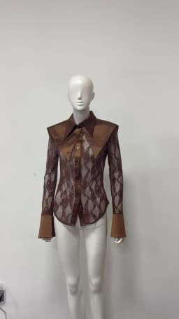 TWOTWINSTYLE Mesh Spliced Lace Slimming Sexy Blouse for Women Lapel Collar Long Sleeve Patchwork Sheer Casual Blouses Female New