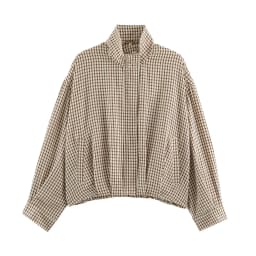 BSAY Autumn Women Plaid Er Jacket Stand Collar Zip Up Cropped Jacket Long Sleeve Elastic Hem Loose Casual Check Outerwear