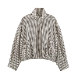 BSAY Autumn Women Plaid Er Jacket Stand Collar Zip Up Cropped Jacket Long Sleeve Elastic Hem Loose Casual Check Outerwear