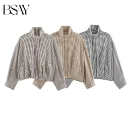 BSAY Autumn Women Plaid Er Jacket Stand Collar Zip Up Cropped Jacket Long Sleeve Elastic Hem Loose Casual Check Outerwear
