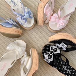Sweet Bow Wood Grain Thick Bottom Platform Slippers Women Summer Japanese Cos Comfortable High Heeled Sandals