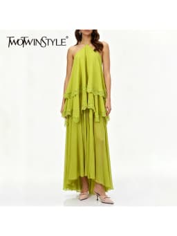 TWOTWINSTYLE Solid Loose Spliced Lace Dress for Women Halter Neck Sleeveless Patchwork Ruffles Folds Dresses Female Elegant New