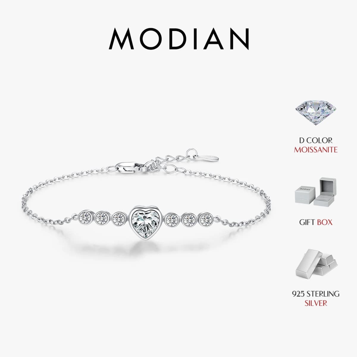 MODIAN D Color Heart Moissanite Bracelet 925 Sterling Silver Heart Lab Diamond Wrist Bracelet Wedding Fine Jewelry Gift With Box