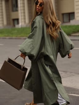 Solid Commute Women's Trench Coat Ovesized Puff Sleeve Single Breasted Long Jacket Lapel Side Slit 2026 New Autumn Lady Outwear