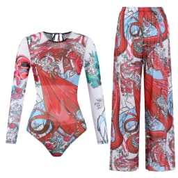 Women's Long Sleeve Swimwear Sunscreen One Piece Swimsuit High Elastic Thickened Mesh Loose Pants SPF35+ New Fitness Beachwear