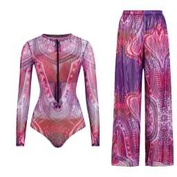 Women's Long Sleeve Swimwear Sunscreen One Piece Swimsuit High Elastic Thickened Mesh Loose Pants SPF35+ New Fitness Beachwear