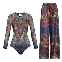 Women's Long Sleeve Swimwear Sunscreen One Piece Swimsuit High Elastic Thickened Mesh Loose Pants SPF35+ New Fitness Beachwear