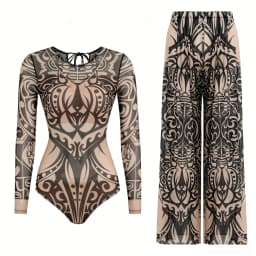 Women's Long Sleeve Swimwear Sunscreen One Piece Swimsuit High Elastic Thickened Mesh Loose Pants SPF35+ New Fitness Beachwear