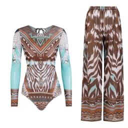 Women's Long Sleeve Swimwear Sunscreen One Piece Swimsuit High Elastic Thickened Mesh Loose Pants SPF35+ New Fitness Beachwear