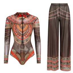 Women's Long Sleeve Swimwear Sunscreen One Piece Swimsuit High Elastic Thickened Mesh Loose Pants SPF35+ New Fitness Beachwear
