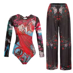 Women's Long Sleeve Swimwear Sunscreen One Piece Swimsuit High Elastic Thickened Mesh Loose Pants SPF35+ New Fitness Beachwear