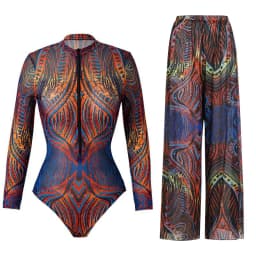 Women's Long Sleeve Swimwear Sunscreen One Piece Swimsuit High Elastic Thickened Mesh Loose Pants SPF35+ New Fitness Beachwear