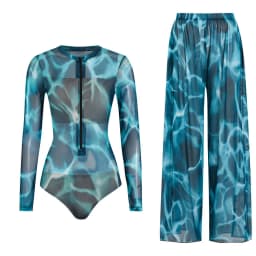 Women's Long Sleeve Swimwear Sunscreen One Piece Swimsuit High Elastic Thickened Mesh Loose Pants SPF35+ New Fitness Beachwear