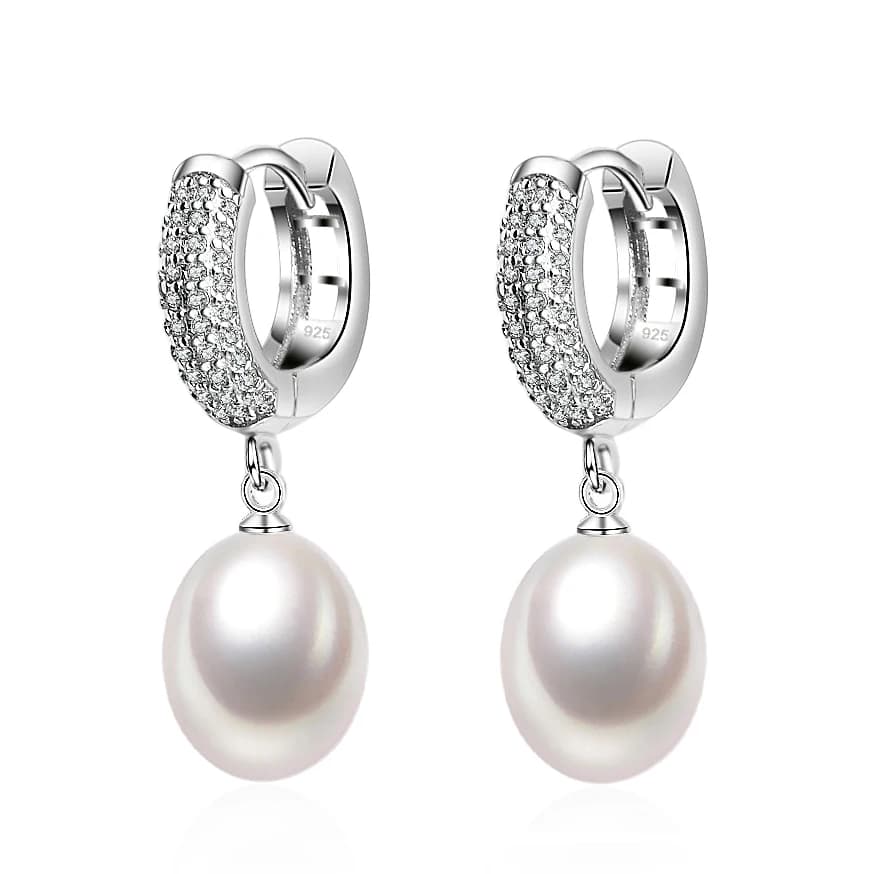 Top Quality 925 Silver Earrings with Natural Pearls Women, Precious Stone Bridal White Hanging Hoop Pearl Earrings Girl Jewelry