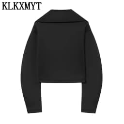 KLKXMYT Women's Lapel Zipper Jacket Elegant Long Sleeve Waist Slim Cropped Coat Women 2026 Autumn Chic Casual Street Outerwear 