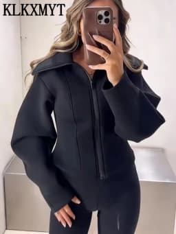 KLKXMYT Women's Lapel Zipper Jacket Elegant Long Sleeve Waist Slim Cropped Coat Women 2026 Autumn Chic Casual Street Outerwear 