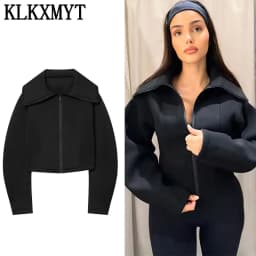 KLKXMYT Women's Lapel Zipper Jacket Elegant Long Sleeve Waist Slim Cropped Coat Women 2026 Autumn Chic Casual Street Outerwear 