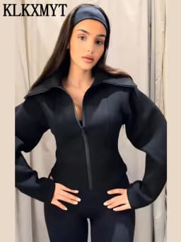 KLKXMYT Women's Lapel Zipper Jacket Elegant Long Sleeve Waist Slim Cropped Coat Women 2026 Autumn Chic Casual Street Outerwear 