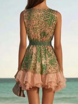 Deep V Neck Ruffles Patchwork Mini Dress Women Summer Sleeveless Holiday Fashion Elegant Print Sweet Ladies Party Dress Vestidos