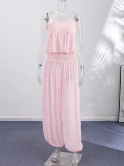2026 Summer Fashion Square Neck Ruffled Crop Top & Long Pants 2-Piece Set Elegant Boho Resort Vacation Casual 2 Pcs Beach Outfit