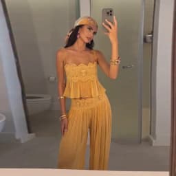 2026 Summer Fashion Square Neck Ruffled Crop Top & Long Pants 2-Piece Set Elegant Boho Resort Vacation Casual 2 Pcs Beach Outfit