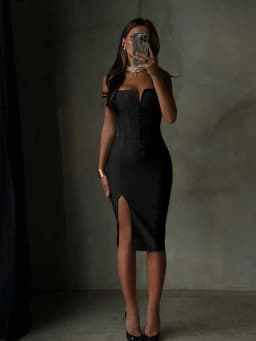 Women's Fashion Summer Sexy Elegant Spaghetti Strap Black Midi Embellished Slit Bodycon Bandage Dress Party Cocktail Night Out