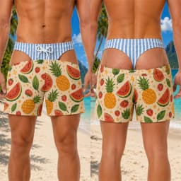 Funny Men Swim Trunks Blue Stripe Pattern Fake Buttock Swim Trunks for Men Beach Shorts Hawaii Theme Style Beach Shorts Fun Gift