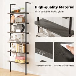 6-tier Ladder Shelf 72 Inches Industrial Wall Mounted Bookshelf Oak