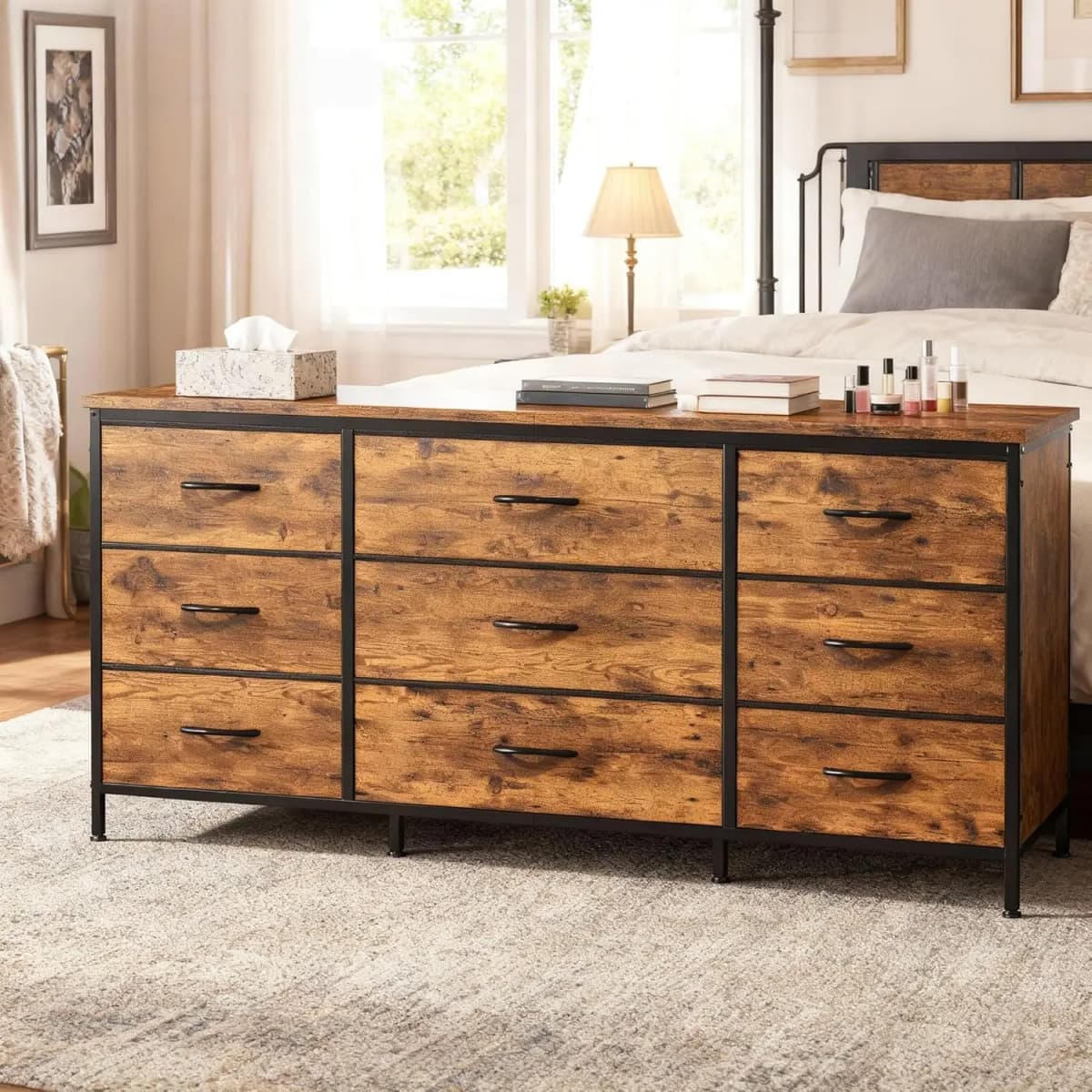 TV Stand with 9 Wide Drawer Dresser, 47 inch Long Dresser for Bedroom, Sturdy Metal Frame, Hallway, Entryway,Customized