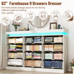 71" Wide 46" Tall 12-Drawer Farmhouse Dresser LED Power Outlets Wood Rustic Bedroom White, Customized