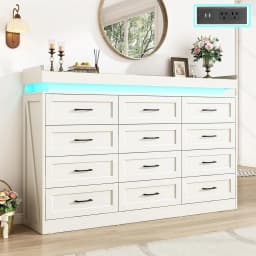 71" Wide 46" Tall 12-Drawer Farmhouse Dresser LED Power Outlets Wood Rustic Bedroom White, Customized