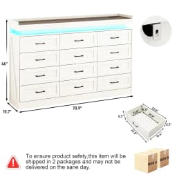 71" Wide 46" Tall 12-Drawer Farmhouse Dresser LED Power Outlets Wood Rustic Bedroom White, Customized