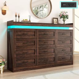 71" Wide 46" Tall 12-Drawer Farmhouse Dresser LED Power Outlets Wood Rustic Bedroom White, Customized
