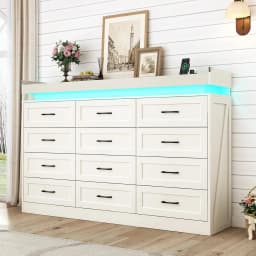 71" Wide 46" Tall 12-Drawer Farmhouse Dresser LED Power Outlets Wood Rustic Bedroom White, Customized