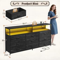 55" W Dresser for Bedroom with 9 Drawers, LED TV Stand with Power Outlets for 45, 55, 65 Inch TV, Sturdy Long Chest, Customized