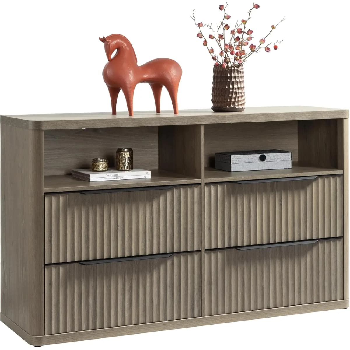 Wide 4-Drawer Dresser with Open Shelf Fluted TV Stand Bedroom Hallway Entryway 56.5", Customized