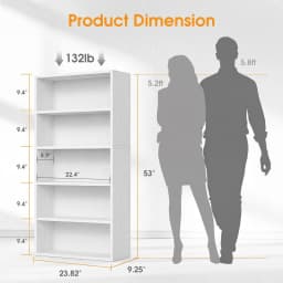 MCQ 5 Tier Wooden Bookshelf Black 53 Inch Tall Bookcase Standing Open Book Shelf Organizer Adjustable Display Storage Shelves