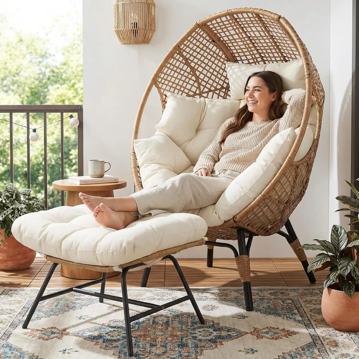 Indoor Outdoor Egg Chair with Ottoman Thick Cushioned Lounge with Footrest 440lbs for Patio Balcony Bedroom Sunroom, Customized